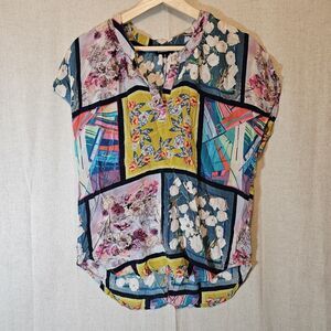 Tolani Top Womens S 100% Silk Multicolor Floral Print Dolman Sleeve V-Neck Boho
